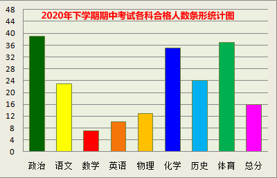 2020年下学期期中考试各科合格人数条形统计图